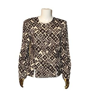 Leslie Fay Womens Vtg Black Cream Floral Geometric Button Front Jacket Size 10